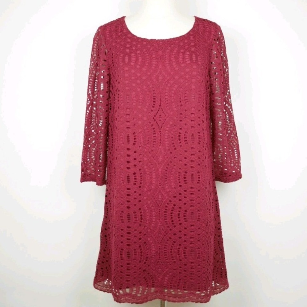 J.Crew Burgundy Geometric Lace Shift Dress 3/4 Sleeve Size 14‎ Maroon Mini